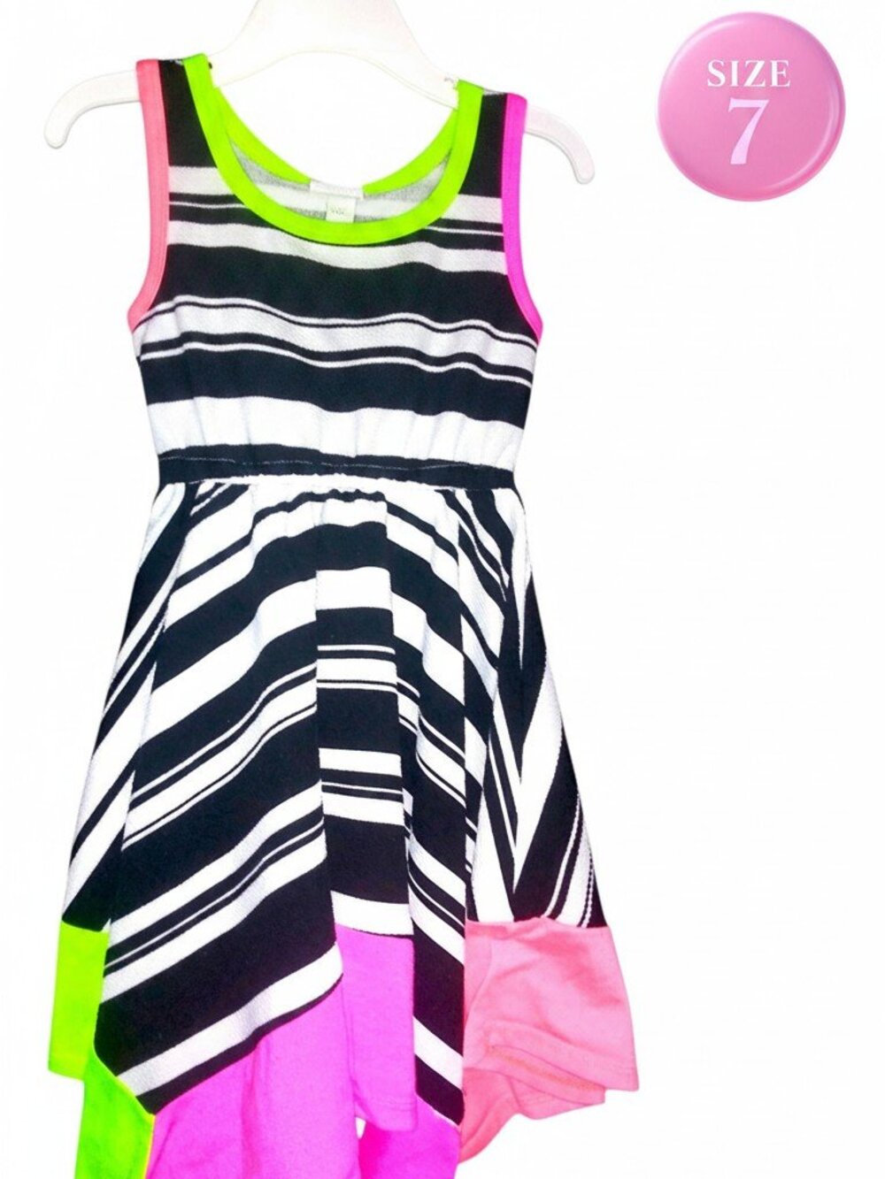 Bonnie Jean Girls Dress Size 7 Black White Striped Neon Pink Handkerchief Hem